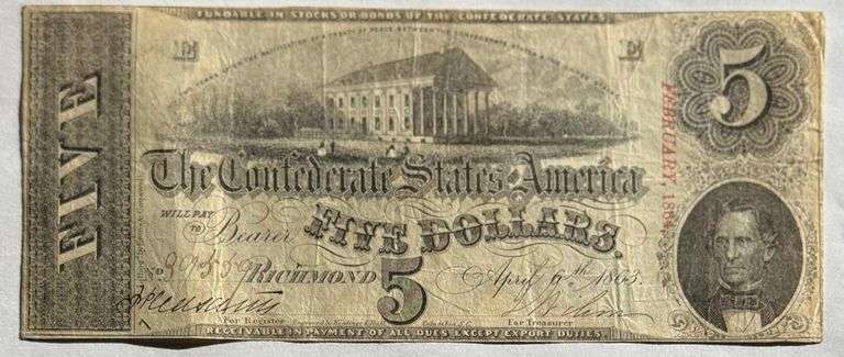 Sliderish April 6 1863 CSA $5 Note