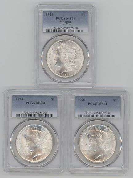 3 PCGS MS64 Morgan & Peace Silver Dollars: 1921, 1924, & 1925