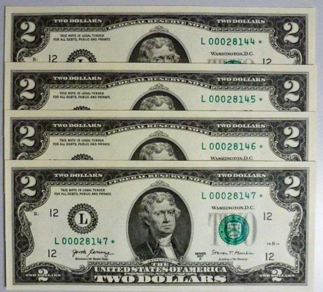 (4) Superb Crisp 2017A $2 Star Notes San Francisco-With Consecutive Low Serial Numbers!