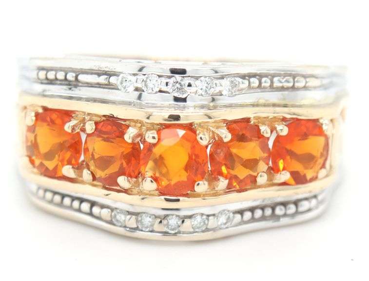14kt Two tone gold Mexican fire opal and diamond accent ring