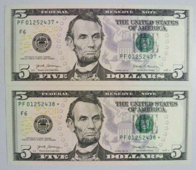 (2) Superb Crisp 2017A $5 Star Replacement Notes Atlanta Consecutive!