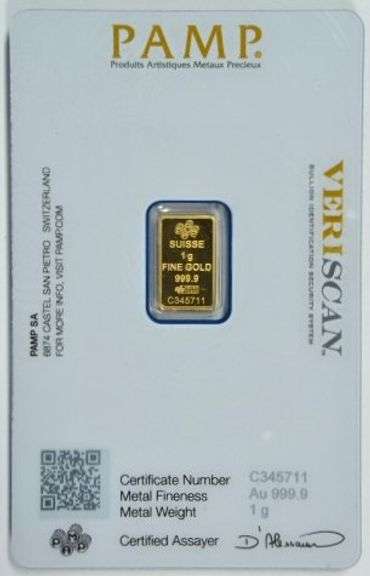 Pure .9999 fine gold 1 gram PAMP bar in custom card