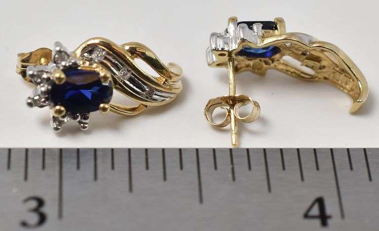 Affectionate 10K Yellow Gold Blue Sapphire Gemstone and Diamond J-hoop Earrings