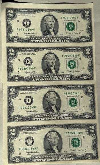 Sheet of 4 Uncut 1998 $2 Atlanta Fed Reserve Notes