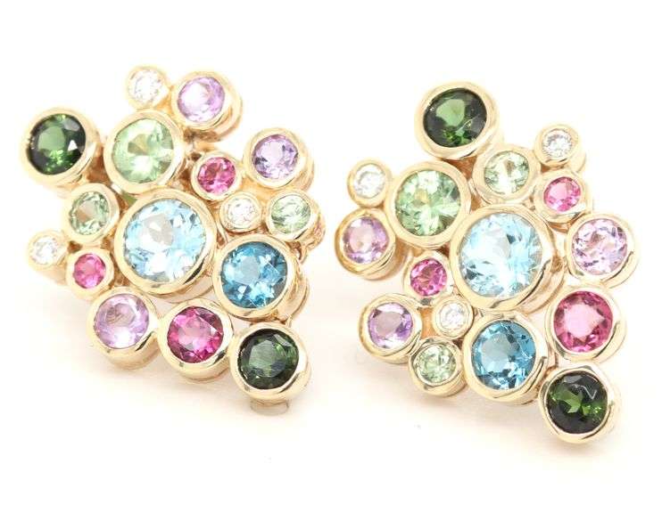 14kt Yellow gold multi color gemstone and diamond bubble stud earrings