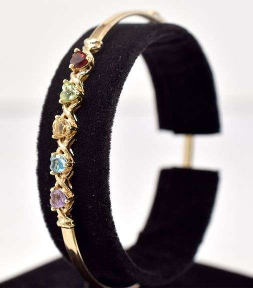 Colorful 10K Yellow Gold Multi-Gemstone Hinged Bangle Bracelet