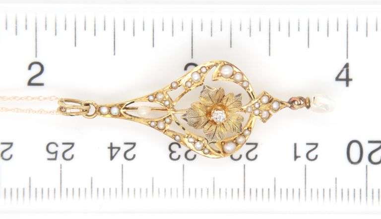 Art Nouveau Seed pearl and diamond teardrop dangle pendant on chain