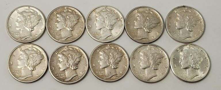 1917-1945 "Lot Of 10" AU+ Mercury Dimes