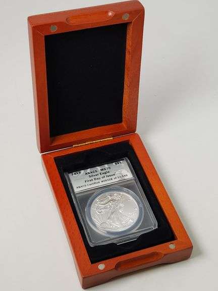 2013 SILVER EAGLE ANACS MS-70, FDOI With Wooden Box