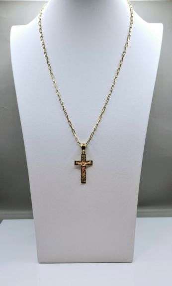 18 Kt Plated Rose Gold and Yellow Gold. Two Tone Rose Gold and Yellow Gold Jesus Cross Pendant Neckl