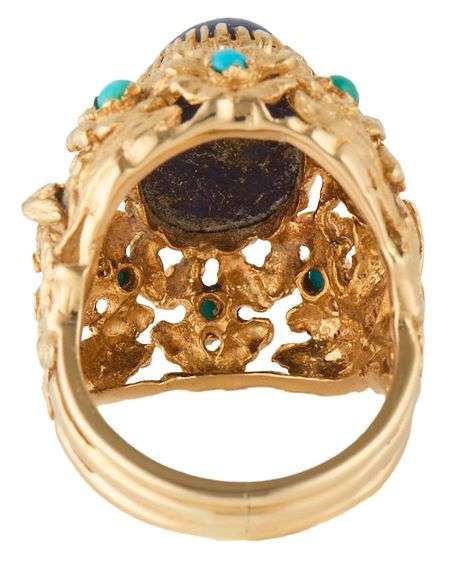 Oval Lapis Turquoise and Ruby Bird and Forest Design Cocktail Ring in 18K