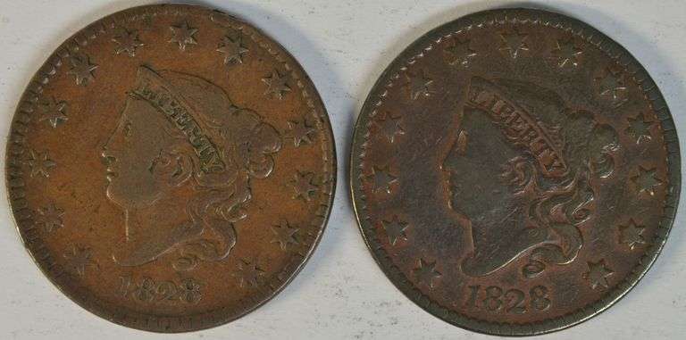 2 Highly Collectible 1828 Coronet Large Cents (N-1 & N-7)