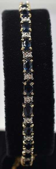 Beautiful 14K Yellow Gold Blue Sapphire Gemstone and Diamond Tennis Bracelet