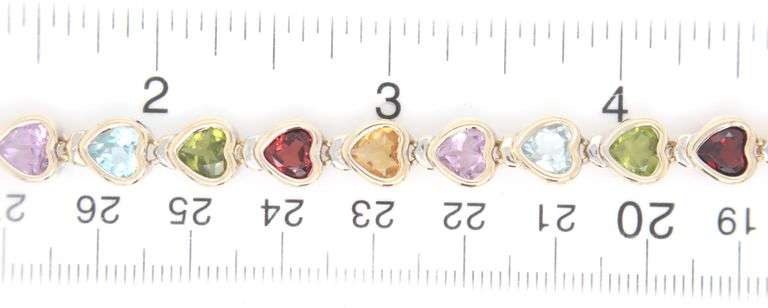 14kt Yellow gold multi gemstone heart shaped tennis bracelet