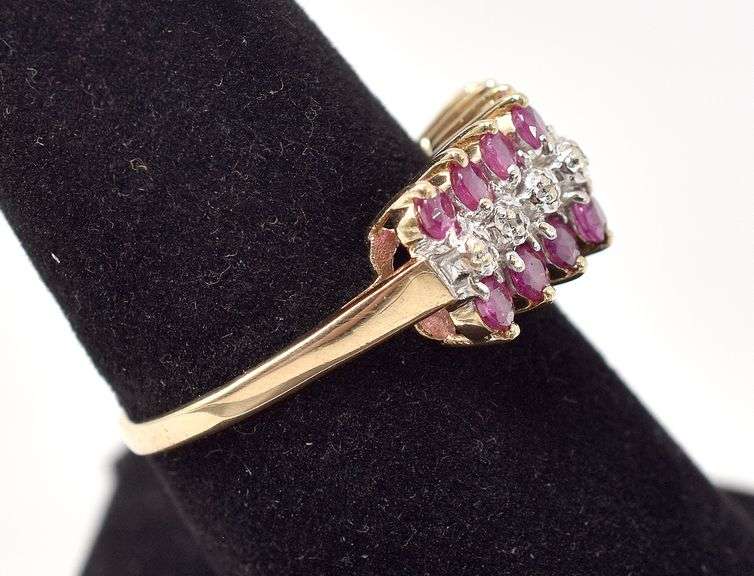Sparkling 10K Yellow Gold Ruby Gemstone and Diamond Ring