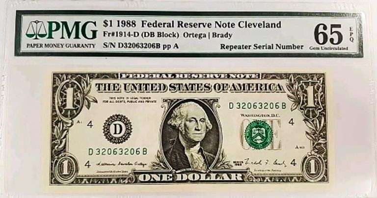 Superb Crisp 1988 $1 Note Cleveland Repeater Serial Number 32063206 PMG 65!