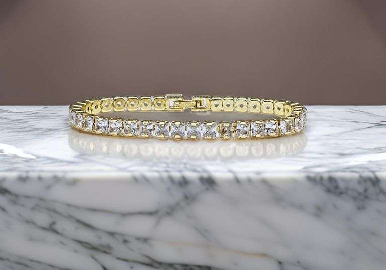 Stunning 14 Kt Yellow Gold Plated Simulated Diamond Tennis Bracelet