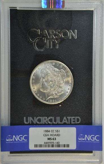 Near Gem BU 1884-CC Morgan Silver Dollar in GSA pack, NGC MS63 graded