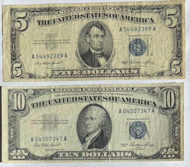 $5 &$10 1953 Silver Certificates