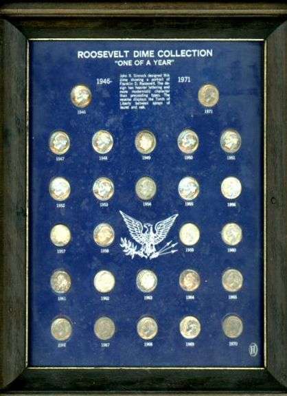 Framed Group of 26 Mostly Silver Roosevelt Dimes: 1946-1971