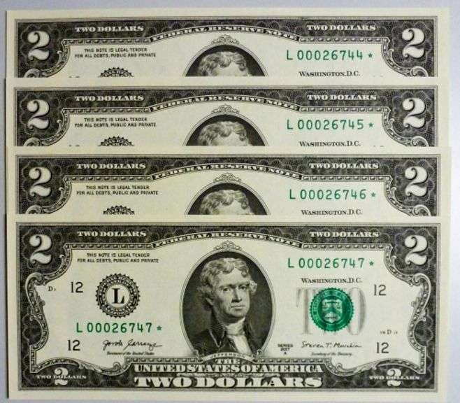 (4) Superb Crisp 2017A $2 Star Notes San Francisco-With Consecutive Low Serial Numbers!