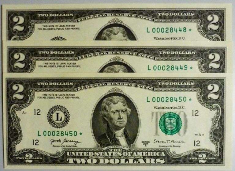 (3) Superb Crisp 2017A $2 Star Notes San Francisco-With Consecutive Low Serial Numbers!