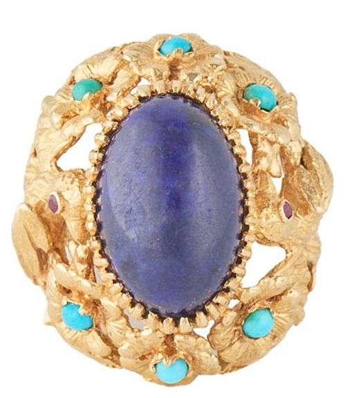 Oval Lapis Turquoise and Ruby Bird and Forest Design Cocktail Ring in 18K