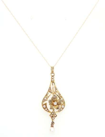 Art Nouveau Seed pearl and diamond teardrop dangle pendant on chain