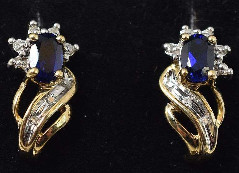 Affectionate 10K Yellow Gold Blue Sapphire Gemstone and Diamond J-hoop Earrings