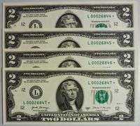 (4) Superb Crisp 2017A $2 Star Notes San Francisco-With Consecutive Low Serial Numbers!