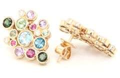 14kt Yellow gold multi color gemstone and diamond bubble stud earrings