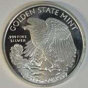Impressive 5 Troy Oz Walking Liberty design pure .999 fine silver medallion. Golden State Mint