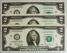 (3) Superb Crisp 2017A $2 Star Notes San Francisco-With Consecutive Low Serial Numbers!