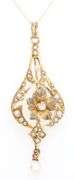 Art Nouveau Seed pearl and diamond teardrop dangle pendant on chain