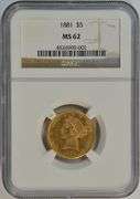 Semi-Prooflike Choice BU 1881 US $5 Liberty Gold Piece. NGC MS62