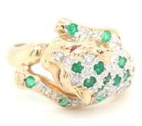 14kt Yellow gold emerald, diamond and ruby eyes panther ring
