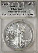 2013 SILVER EAGLE ANACS MS-70, FDOI With Wooden Box