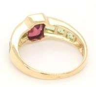 18kt Yellow gold Emerald cut garnet and square peridot bezel set ring