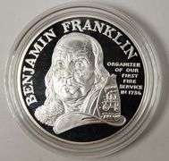 1992 P Proof 1oz .999 Silver Ben Franklin Firefighters Silver Medal w/ Box & COA