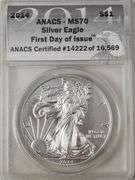 2014 SILVER EAGLE ANACS MS-70, FDOI With Wooden Box