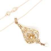 Art Nouveau Seed pearl and diamond teardrop dangle pendant on chain