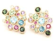 14kt Yellow gold multi color gemstone and diamond bubble stud earrings