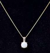 Glittery 14k Yellow Gold Opal Gemstone and Diamond Pendant Necklace