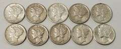 1917-1945 "Lot Of 10" AU+ Mercury Dimes