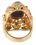 Oval Lapis Turquoise and Ruby Bird and Forest Design Cocktail Ring in 18K