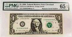 Superb Crisp 1988 $1 Note Cleveland Repeater Serial Number 32063206 PMG 65!