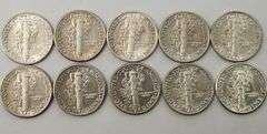 1917-1945 "Lot Of 10" AU+ Mercury Dimes