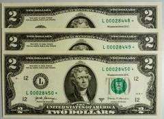 (3) Superb Crisp 2017A $2 Star Notes San Francisco-With Consecutive Low Serial Numbers!