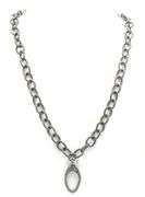 Gray Rhodium Plate Ribbed Link Chain W/Diamond Hinged Clasp