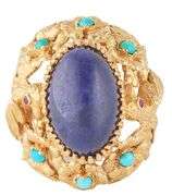 Oval Lapis Turquoise and Ruby Bird and Forest Design Cocktail Ring in 18K